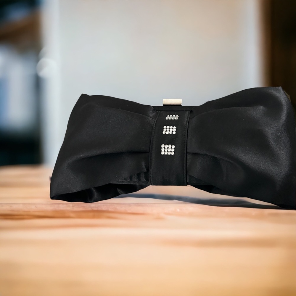 Black satin bow style evening bag with rhinestones